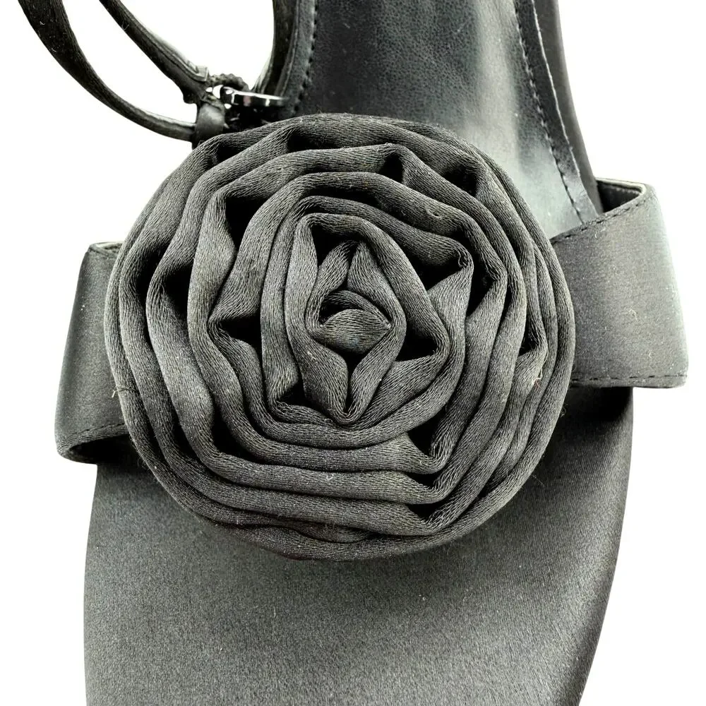 Nine West Neve Rosette Ankle Strap Black Heel Sandals Size 9.5 Ladies Shoes